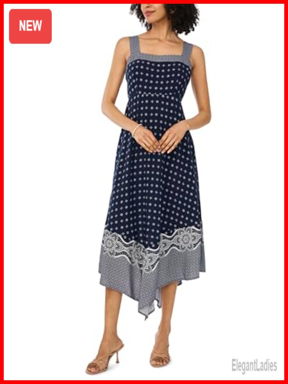 Vince Camuto Printed Hanky Hem Tank Midi Dress Fit & Flare Sleeveless